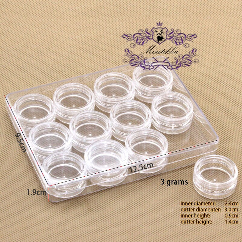 A Pack X 12 PCS 3G Round Sample Container Jar w Screw Cap Lids Plastic 12 Compartments Clear Empty Storage Cream Boxes Beas Pot Organizer