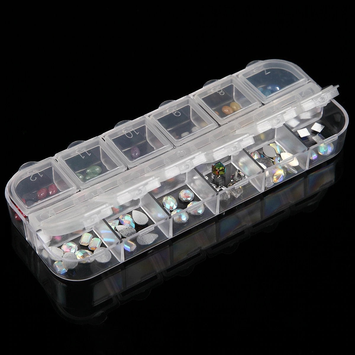 Set of 2 PCS X 12 Compartment Empty Storage Box Beads Jar Rhinestone Clear Cosmetic Container Organizer w Individual Separate Snap Lids