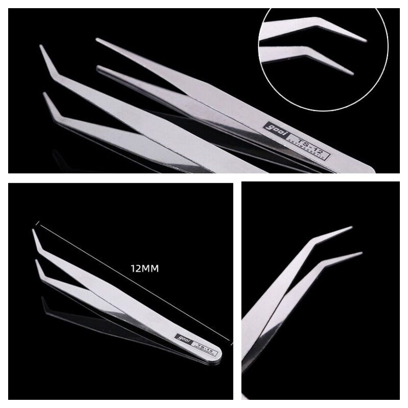 Set of 2 PCS X Precision Tweezers Fine Tip Anti magnetic Stainless Steel Curved Bent Needle Nose Tweezers Rhinestone Bead Picking Tool